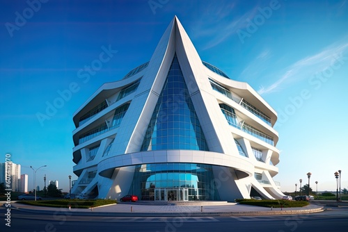 An iconic business architecture building with a distinctive shape or design element, serving as a recognizable landmark and symbol of corporate identity - Generative AI