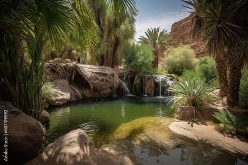 desert oasis with waterfall and greenery visible in the background  created with generative ai
