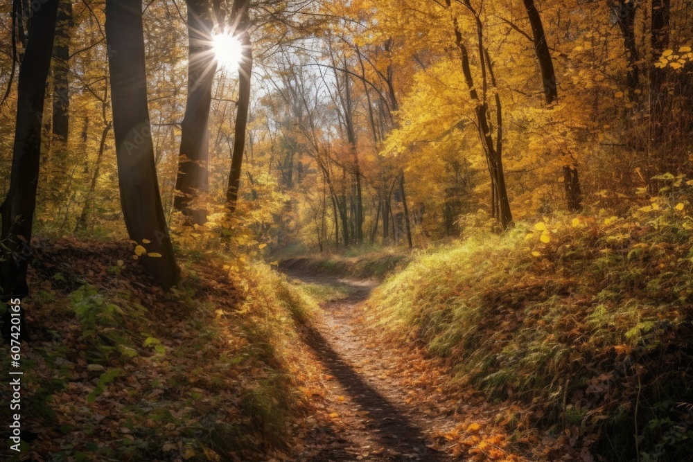 autumn forest trail, with view of the sun shining through the trees, created with generative ai