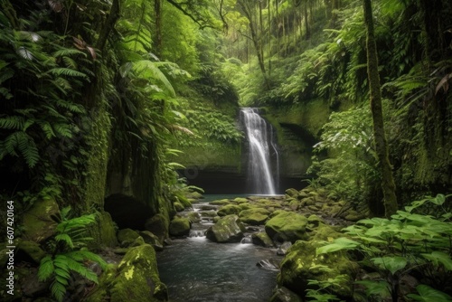 majestic waterfalls surrounded by lush greenery in the wilderness, created with generative ai