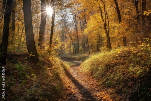 autumn forest trail  with view of the sun shining through the trees  created with generative ai