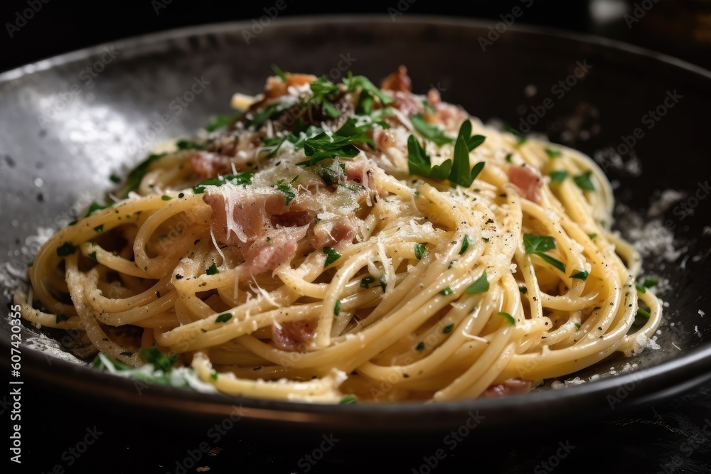 spaghetti carbonara topped with fresh herbs for garnish, created with generative ai spaghetti carbonara topped with fresh herbs for garnish, created with generative ai