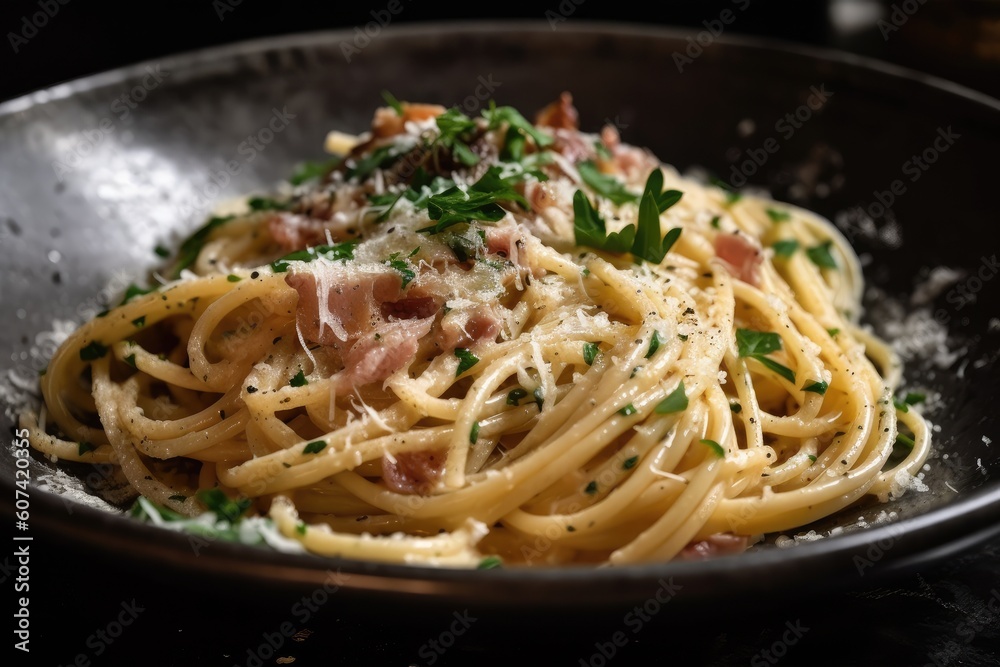 spaghetti carbonara topped with fresh herbs for garnish, created with generative ai