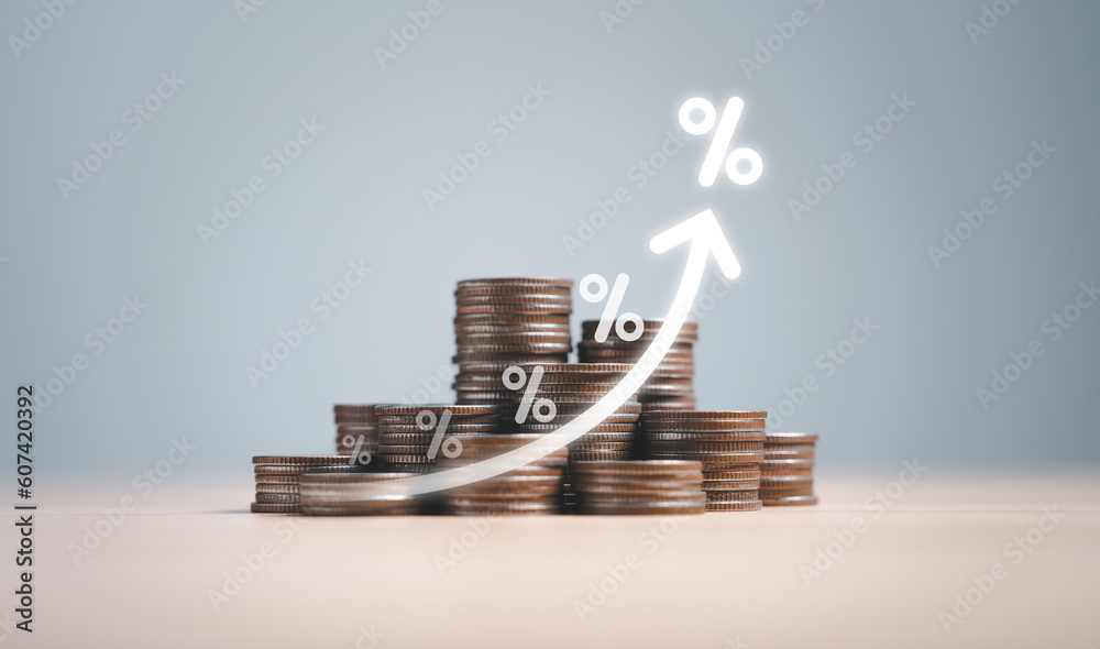 Coins money stacking with up arrow and percentage symbol for financial banking increase interest rate or mortgage investment dividend from business growth concept. - obrazy, fototapety, plakaty 