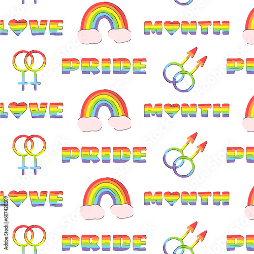 LGBT vector seamless pattern with a doodle pride elements. Gay Pride month banner background. Rainbow spectrum flag rainbows. LGBT rights concept. Modern parades poster, invitation card design.