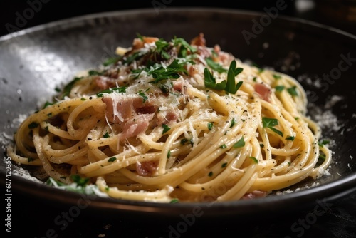 spaghetti carbonara topped with fresh herbs for garnish, created with generative ai