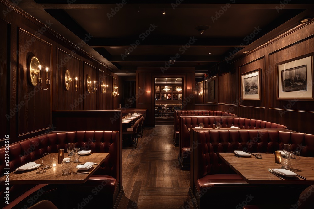 high-end restaurant with wood-paneled walls, plush velvet seating, and dim lighting, created with generative ai