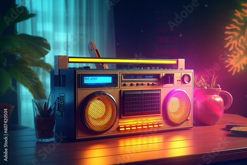 a retro vintage stereo music boom box, neon vaporwave color mood in a chill iliving room, generative ai illustration set photo