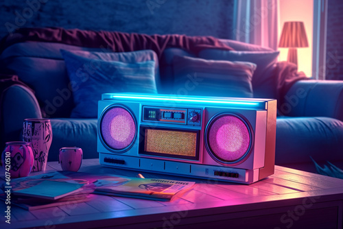 a retro vintage stereo music boom box, neon vaporwave color mood in a chill iliving room, generative ai illustration set