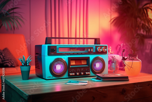 a retro vintage stereo music boom box, neon vaporwave color mood in a chill iliving room, generative ai illustration set photo