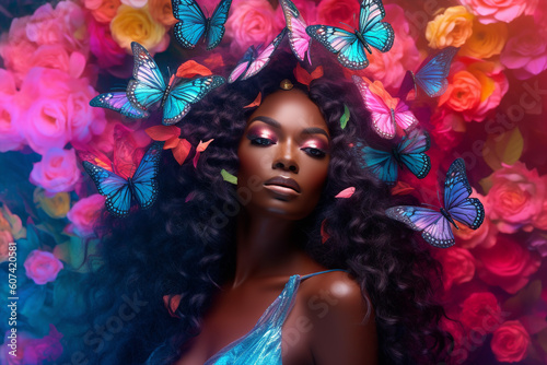 black dreamer model alone surrounded by colorful butterflies, , dreamy background  generative ai illustration © aledesun