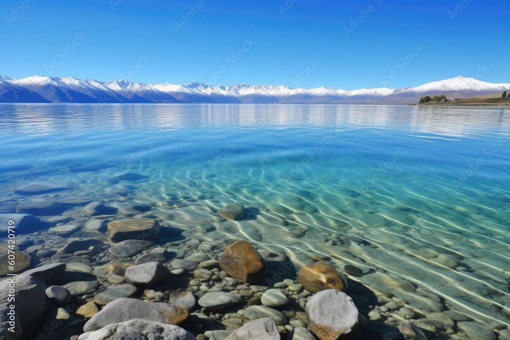 crystal-clear lake, with view of snow-capped mountain range and blue sky in the background, created with generative ai crystal-clear lake, with view of snow-capped mountain range and blue sky in the background, created with generative ai