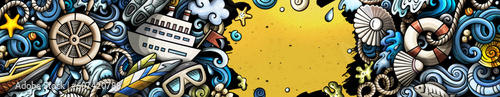 Marine hand drawn doodle banner. Cartoon vector detailed flyer.