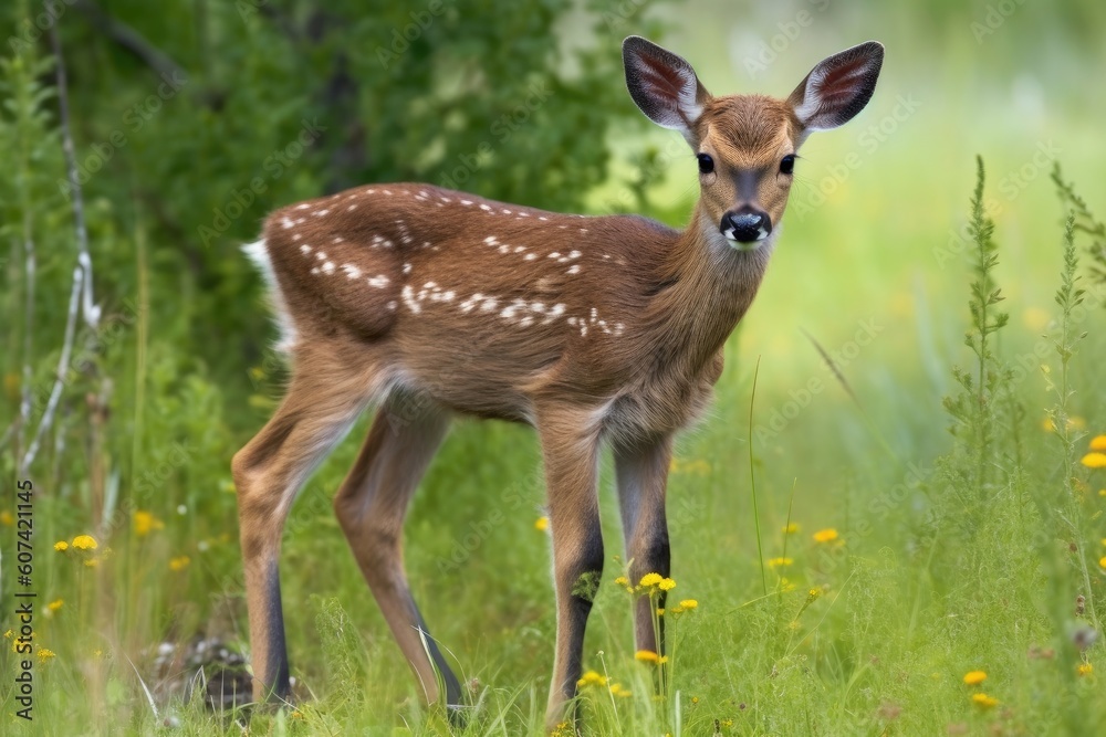 baby deer in meadow, with delicate legs and soft fur, created with generative ai baby deer in meadow, with delicate legs and soft fur, created with generative ai