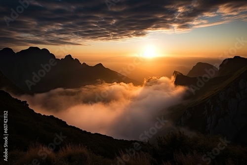 dramatic sunrise over mountain range, with clouds and mist in the air, created with generative ai