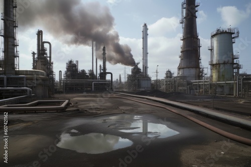 refinery  with view of chemical tanks and pipes  and toxic liquid spilling onto the ground  created with generative ai