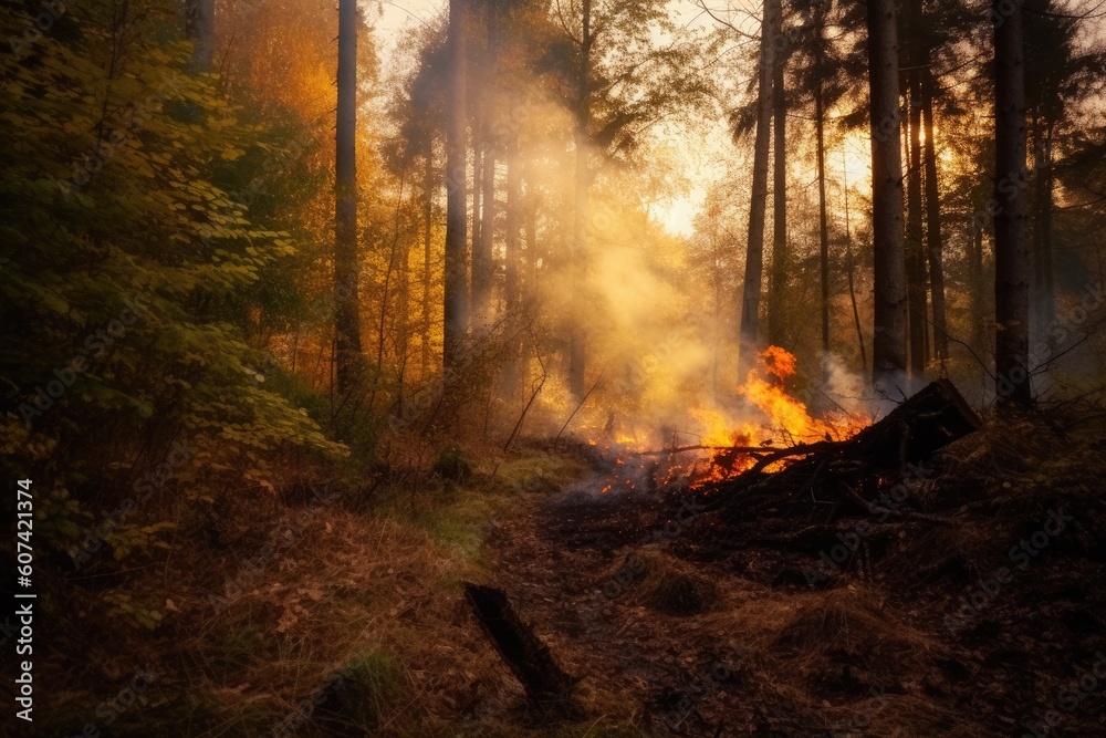 Obraz premium Aerial view wildfire in woods, draught and hot weather. AI Generated