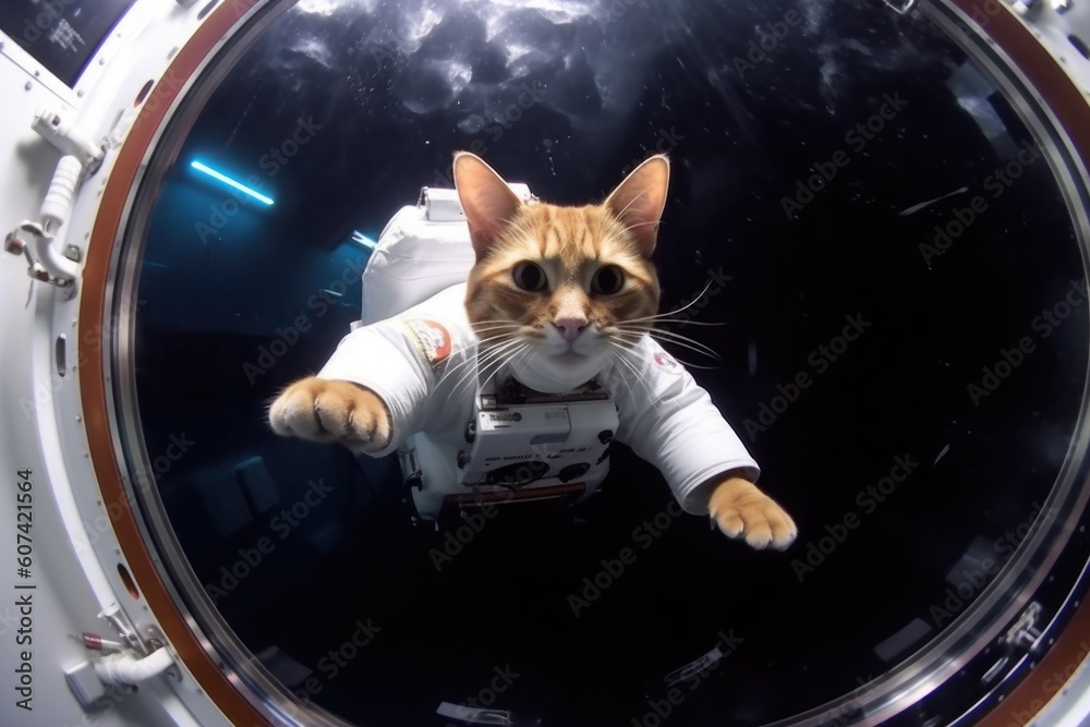 cat, floating in micro-gravity environment and taking selfies, created with generative ai