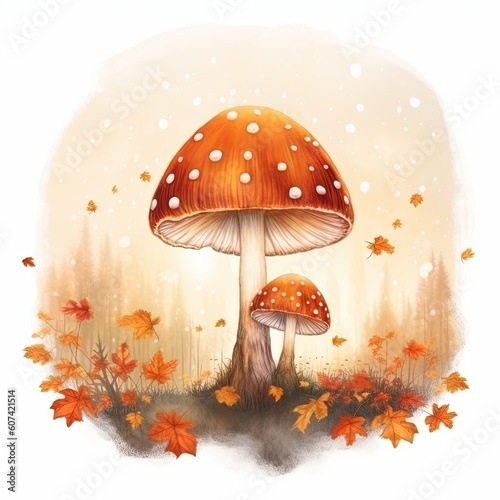 Watercolor mushrooms isolated on a white background, generated with AI technology