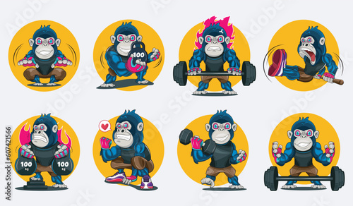 Gorilla bodybuilder. Set of bodybuilding and fitness gorilla character