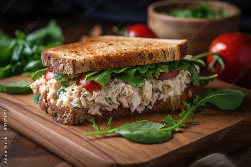 classic tuna salad sandwich on toasted wheat bread, created with generative ai