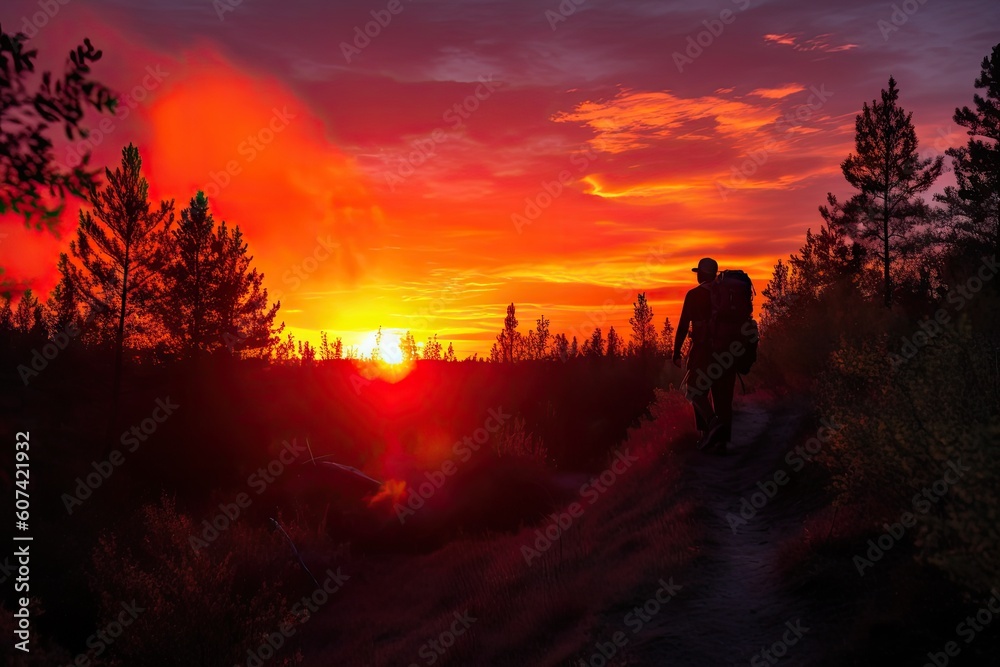 Fototapeta premium fiery sunset, with silhouetted figure and backpacker on the trail, created with generative ai
