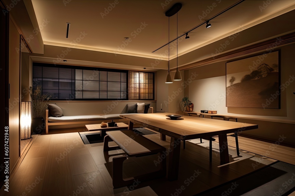 refined japanese interior with minimalist decor, delicate details and luxurious materials, created with generative ai