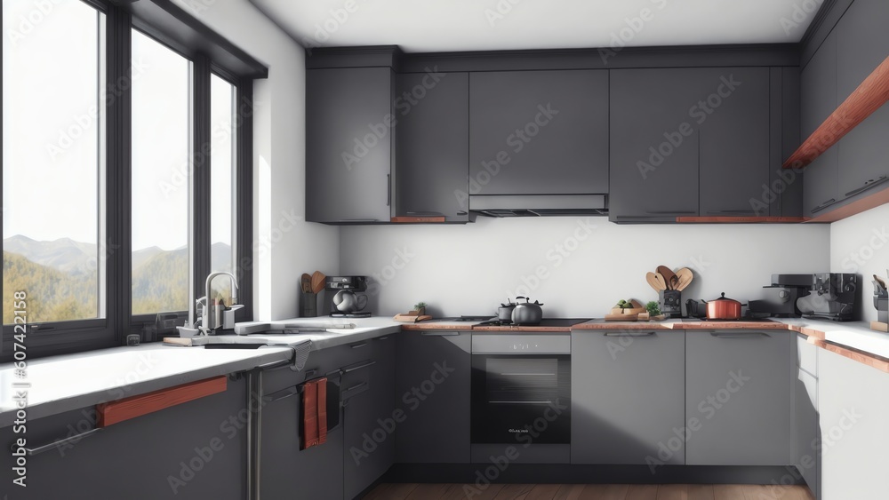 A Light Grey Scandinavian Island Kitchen. Generative AI A Light Grey Scandinavian Island Kitchen. Generative AI