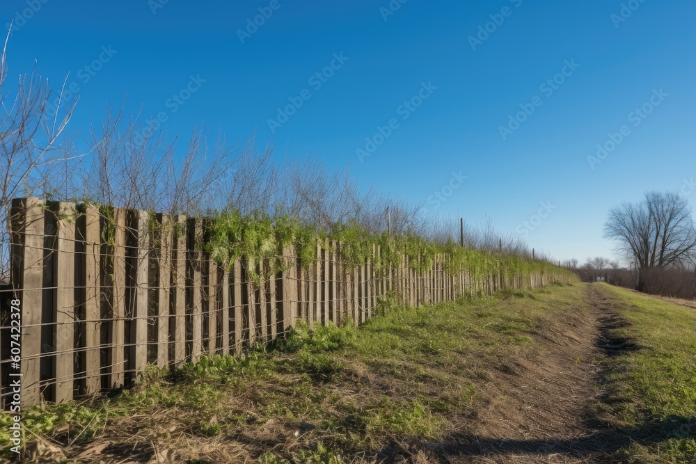 fence lined with freshly sprouted greenery against a clear blue sky, created with generative ai