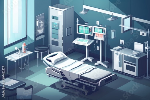 hospital room, with a variety of medical devices and instruments for diagnosing and treating patients, created with generative ai