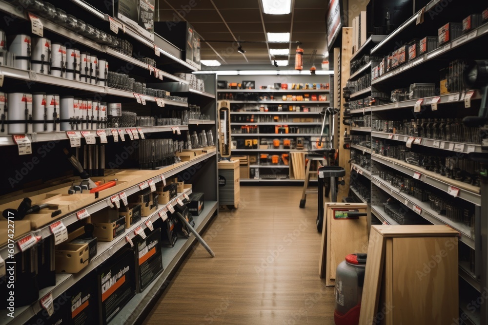 a home improvement store, with shelves stocked with tools and supplies, created with generative ai
