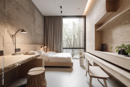 a minimalist eco-hotel room with sleek decor and recycled materials  created with generative ai