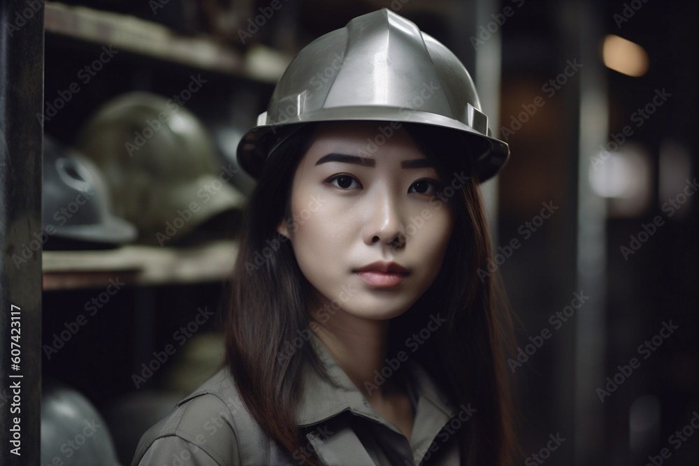 woman industrial portrait helmet smile asian industry job contractor engineer business. Generative AI. woman industrial portrait helmet smile asian industry job contractor engineer business. Generative AI.