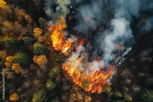 Aerial view wildfire in woods, draught and hot weather. AI Generated © dark_blade