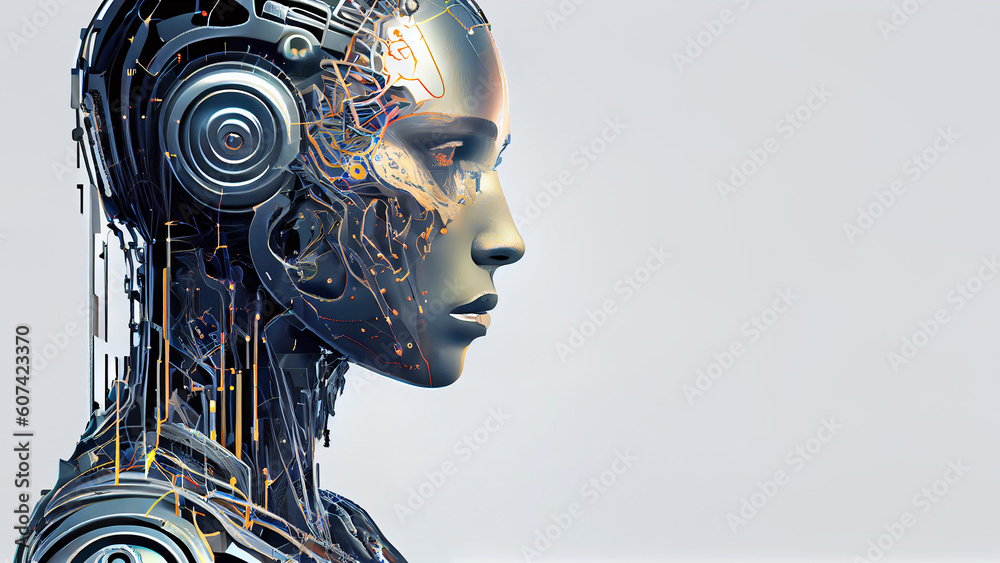 The face of a humanoid robot on an isolated background and close-up. Generative AI The face of a humanoid robot on an isolated background and close-up. Generative AI