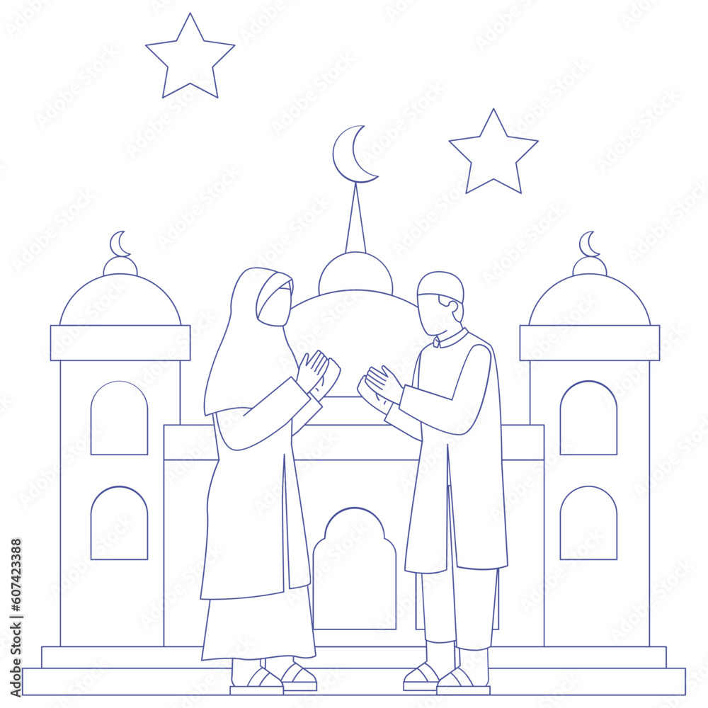 Islamic Men and Women Eid Adha Outline 2D Illustrations