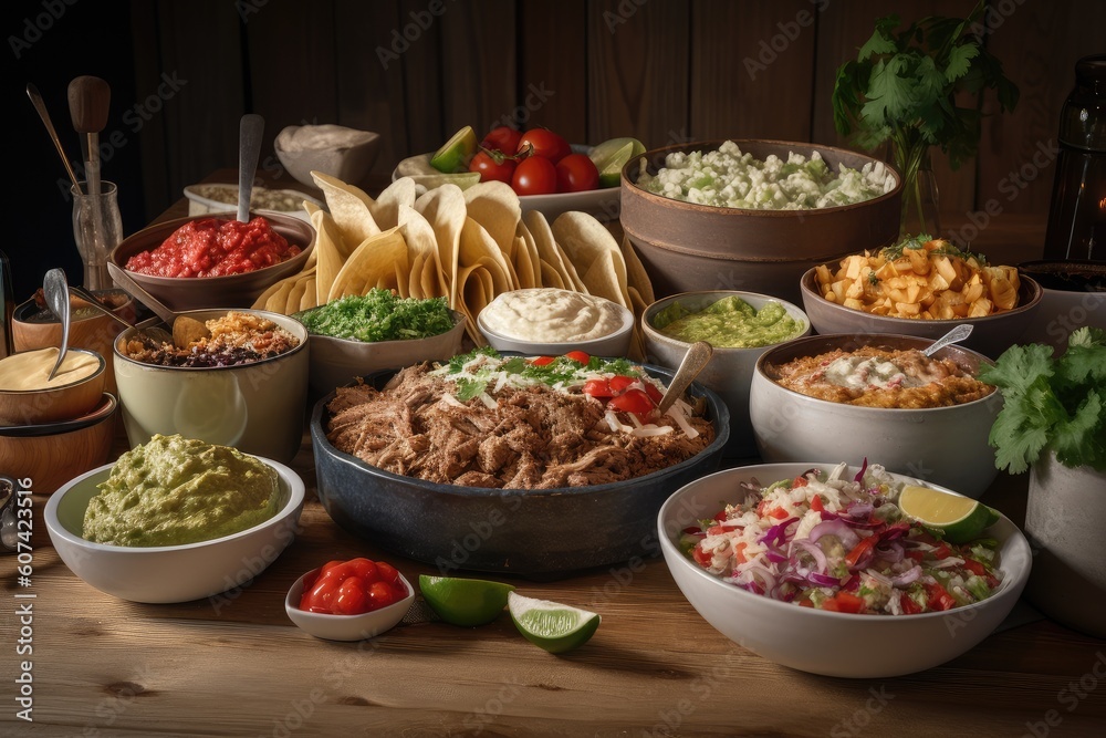 tacos bar serving mix of classic and creative tacos, with a variety of toppings, created with generative ai
