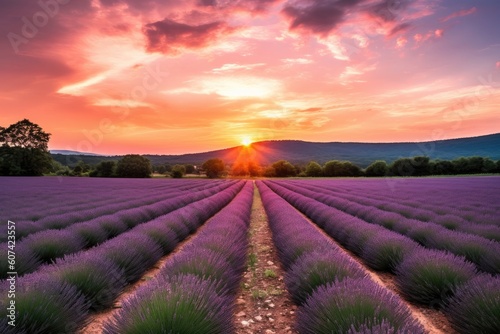 lavender field with dramatic sunset in the background  created with generative ai