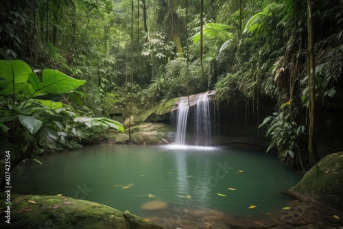 majestic waterfall cascading into jungle pool, created with generative ai
