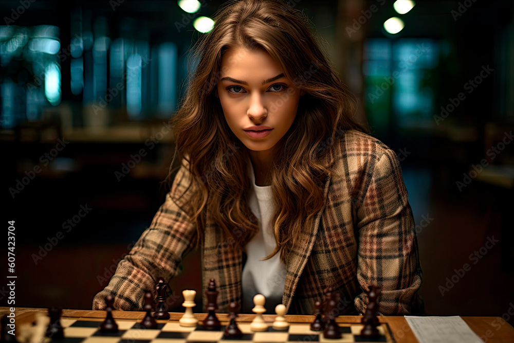 strategic female chess player, woman in profession, Generative AI