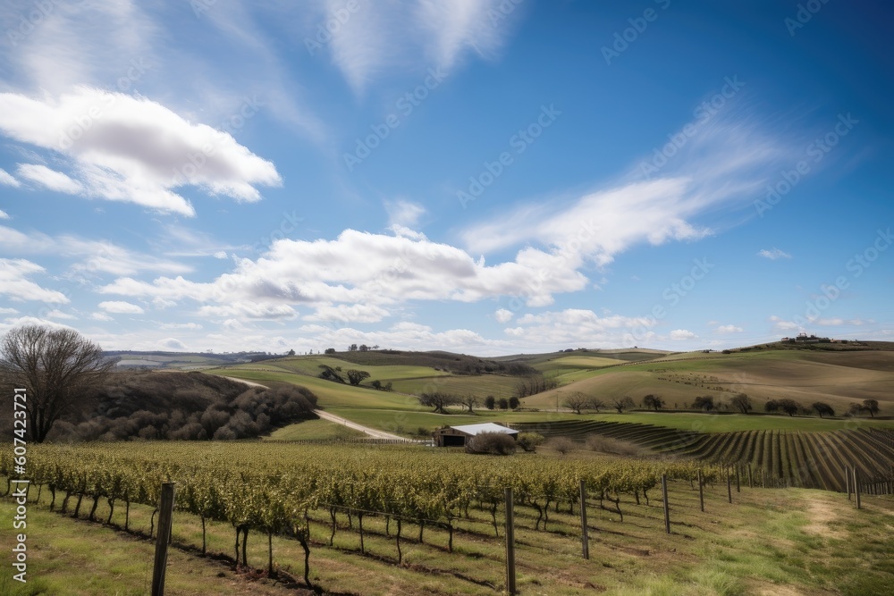 vineyard with rolling hills and blue skies, ideal for photo shoot, created with generative ai vineyard with rolling hills and blue skies, ideal for photo shoot, created with generative ai