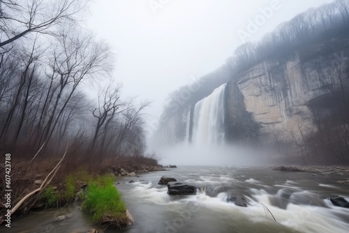 majestic waterfall surrounded by thick fog  creating mystical scene  created with generative ai