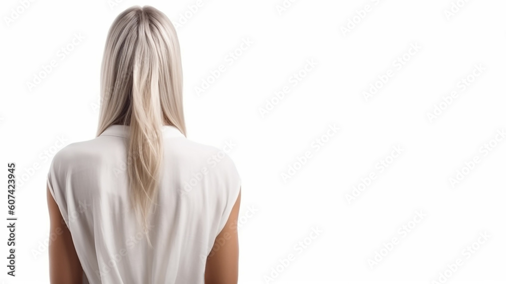 Naklejka premium Young beautiful slim woman, view from the back and isolated background. Generative AI