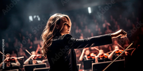 skilled female orchestral conductor, woman in profession, Generative AI photo