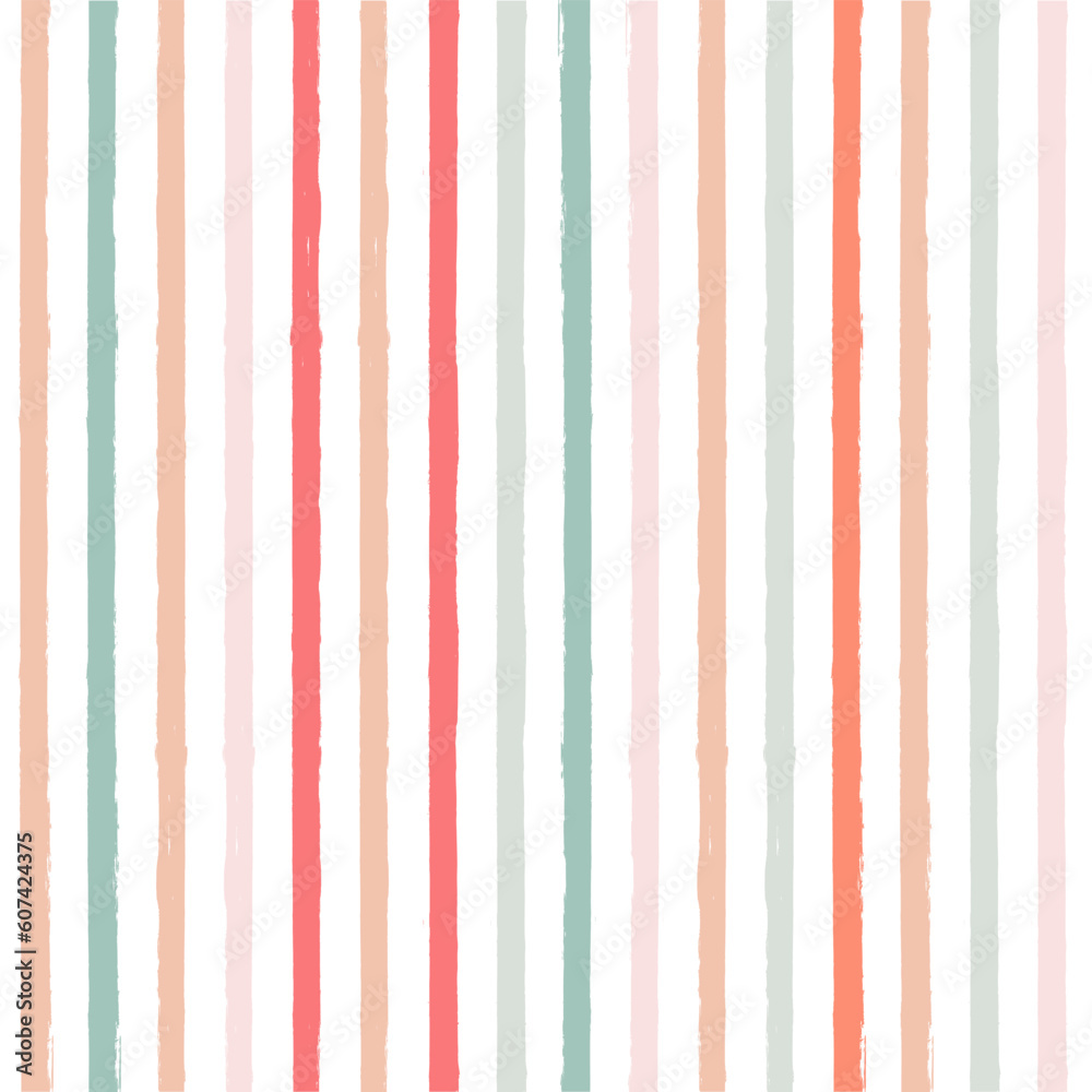 Hand drawn vector seamless stripe pattern. Pink, orange and green girly stripes  background, pastel brush strokes, cute baby paintbrush line backdrop Stock  Vector