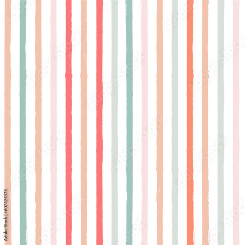 Hand drawn vector seamless stripe pattern. Pink, orange and green girly stripes background, pastel brush strokes, cute baby paintbrush line backdrop