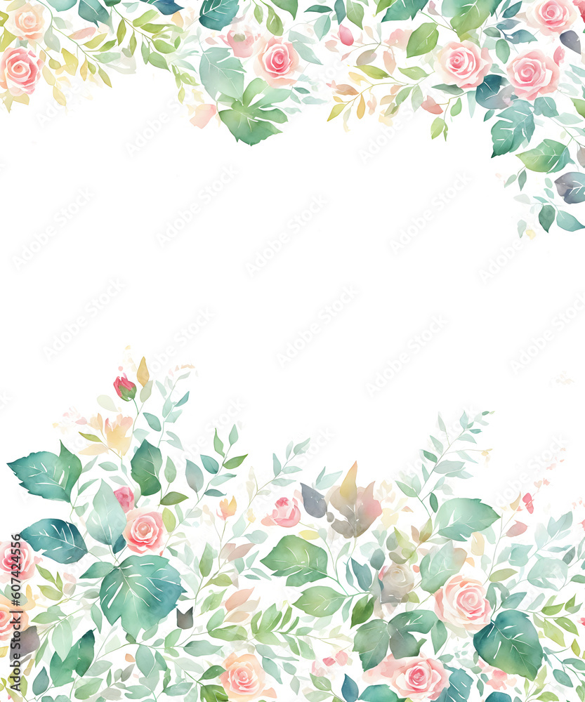 Background decorated with roses flowers and leaves on light abstract background. Template for fashion ads, horizontal poster and social media. Design for wallpaper, card, banner. Generative AI