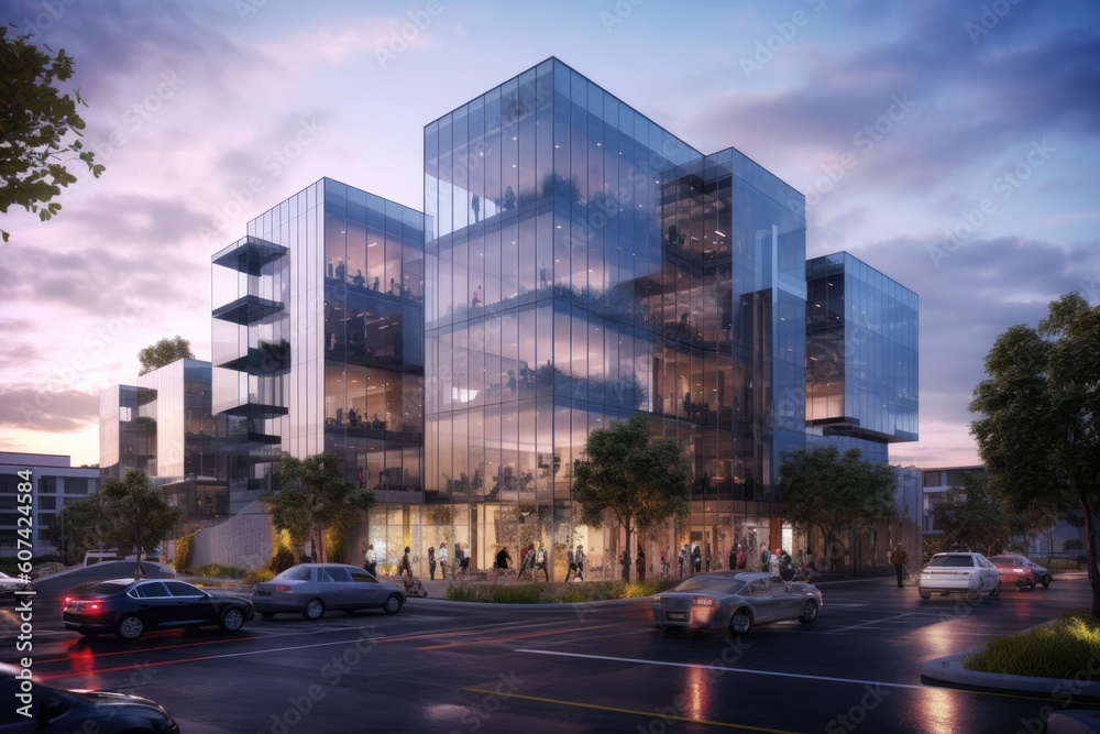 Mixed-use business architecture building with a combination of office spaces, retail outlets, and recreational facilities, creating a dynamic and vibrant environment - Generative AI