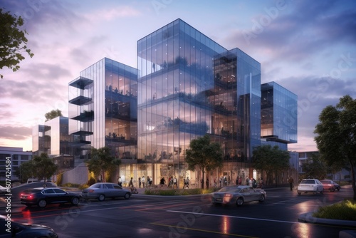 Mixed-use business architecture building with a combination of office spaces, retail outlets, and recreational facilities, creating a dynamic and vibrant environment - Generative AI