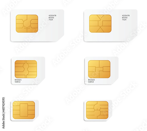 Sim card types icon set isolated. Cellular phone card - Normal, Mini, Nano. Smart cellular wireless communication gsm chip, electronics and telecommunication microchip design on white